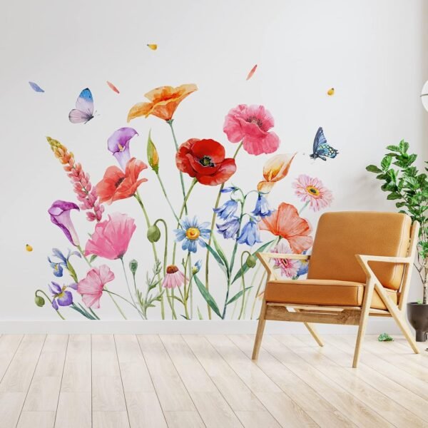 6 Pieces Flowers Wall Decals Vinyl Dragonflies Flowers Wall Stickers Removable Floral Wall Murals Peel and Stick Colorful Flower Wall Decor for Bedroom Living Room Nursery(Exquisite)