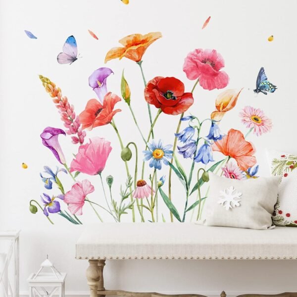 6 Pieces Flowers Wall Decals Vinyl Dragonflies Flowers Wall Stickers Removable Floral Wall Murals Peel and Stick Colorful Flower Wall Decor for Bedroom Living Room Nursery(Exquisite)
